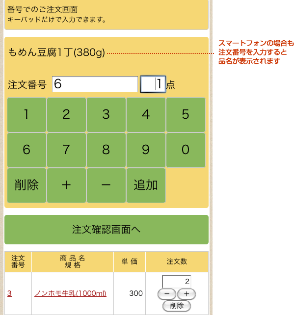 スマートフォン用の番号での注文画面